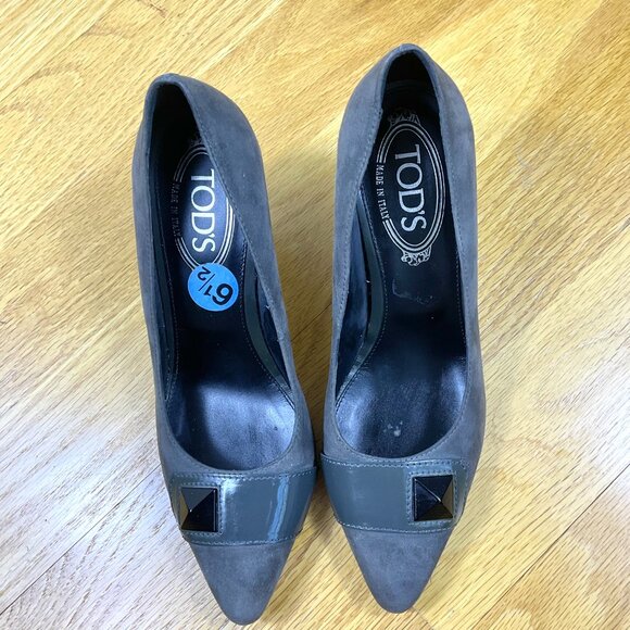 Tod’s Heels Pumps Suede Gray Mid Heel with Patent Leather Accent (37) - Picture 2 of 8
